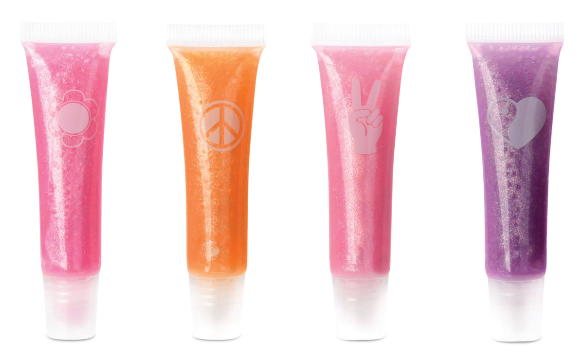 Lip Glosses in Hot Pink, Baby Pink, Orange, and Purple