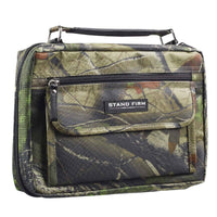 Camouflage bag with 'Stand Firm' label on a white background
