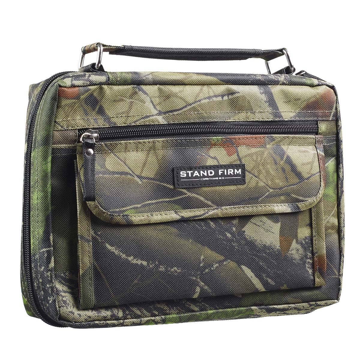 Camouflage bag with 'Stand Firm' label on a white background