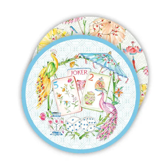 Mahjong Tiles with Colorful Peacocks & Flowers Round Coaster