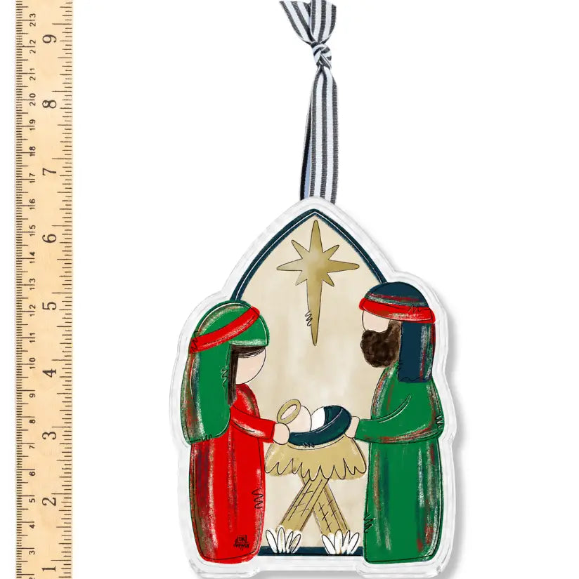 Red And Green Nativity Acrylic Ornament