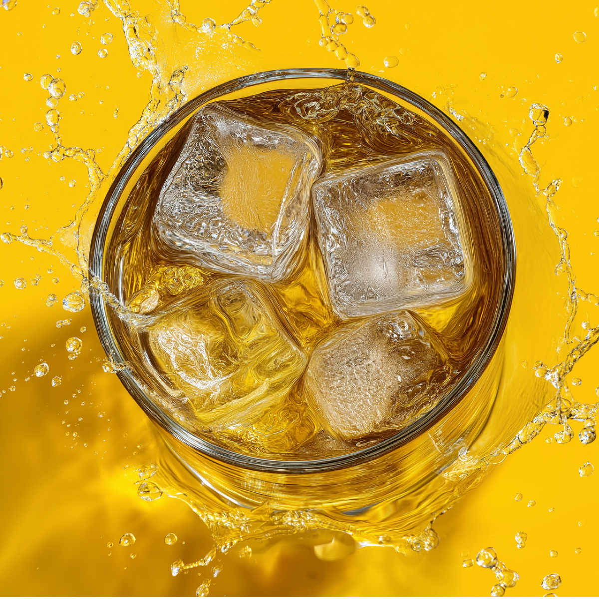 Glass of iced drink with ice cubes on a yellow background