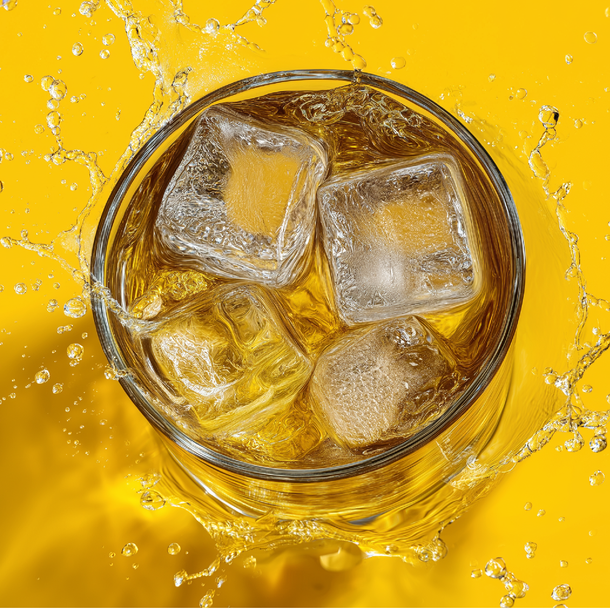 Glass of iced drink with ice cubes on a yellow background