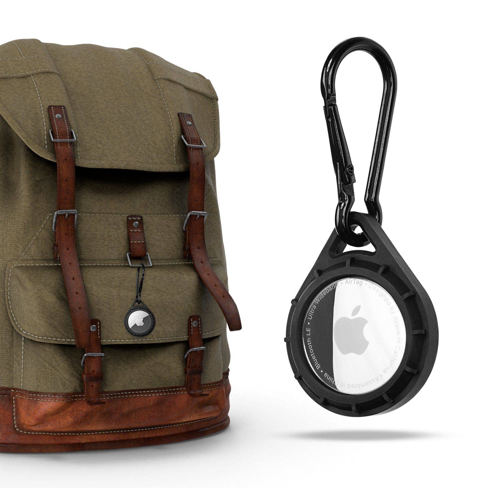 Green backpack with a black carabiner featuring an Apple logo on a white background