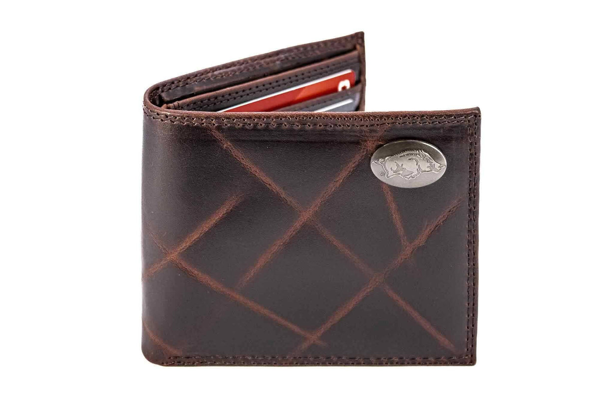 Brown leather wallet with a geometric pattern on a white background
