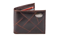 Brown leather wallet with a geometric pattern on a white background