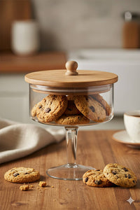 Med. Pedestal Glass Jar with Wood Top: Glass / Mango Wood