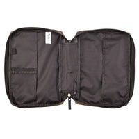 Open black travel bag with compartments on a white background