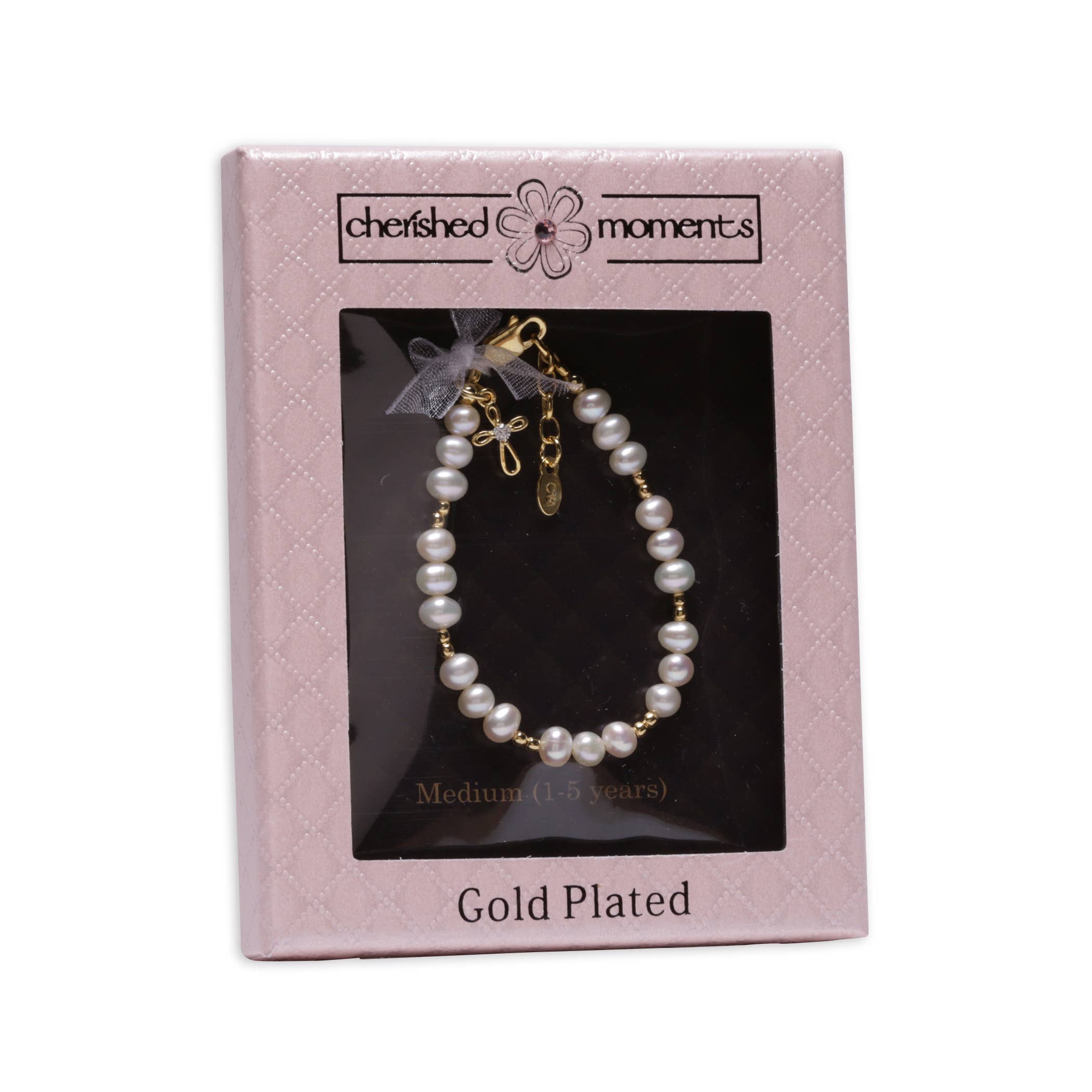 14K Gold-Plated Pink Pearl Cross Bracelet Baptism/Communion