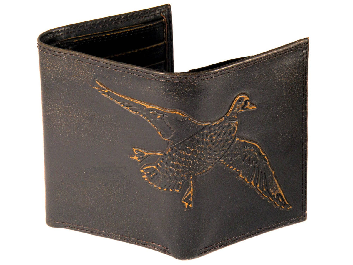 Brown leather wallet with a duck design on a white background