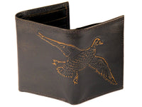 Brown leather wallet with a duck design on a white background