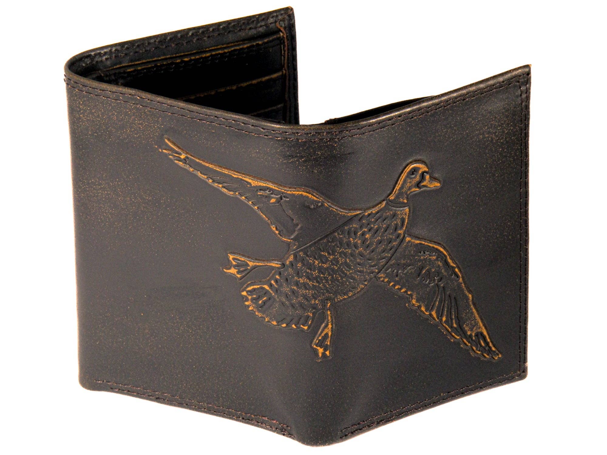 Brown leather wallet with a duck design on a white background