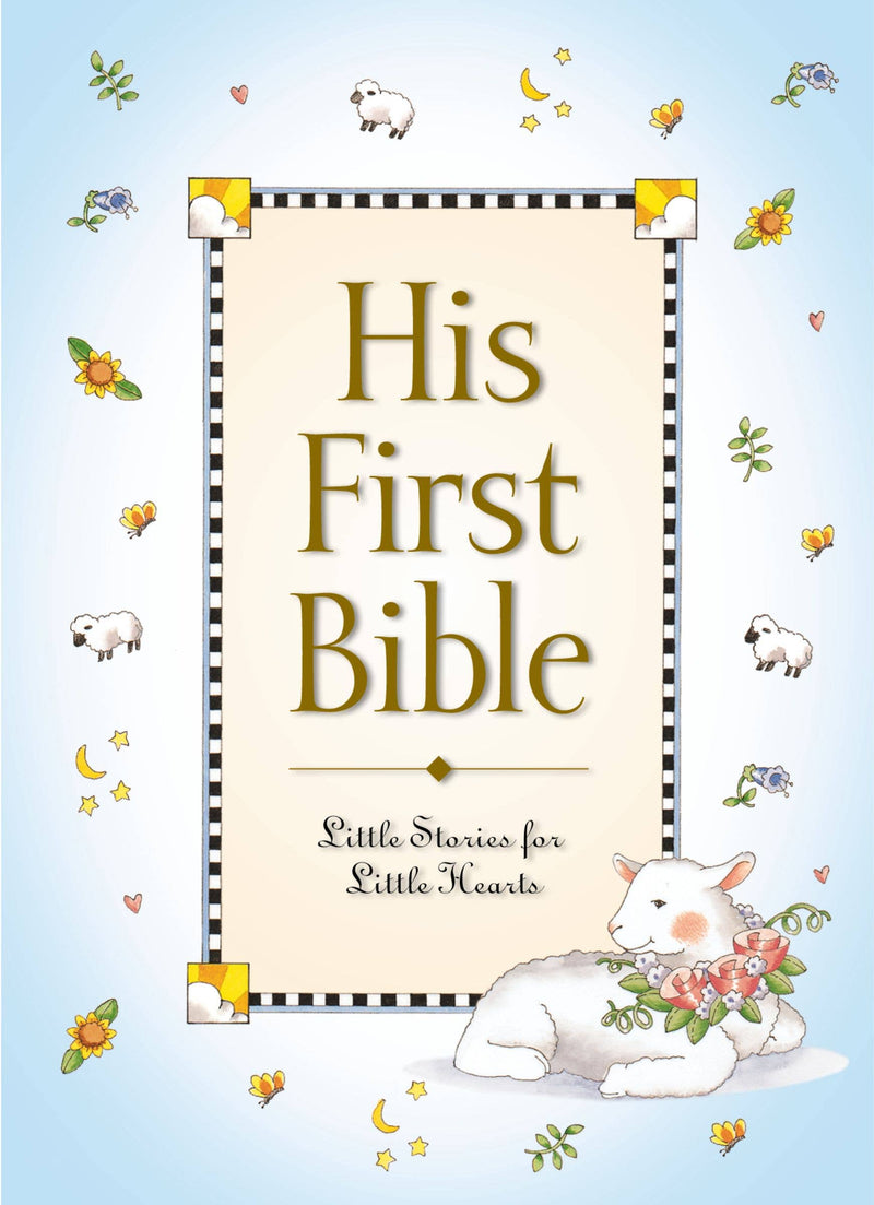 Children's book titled 'His First Bible' with a lamb illustration on a light blue background.