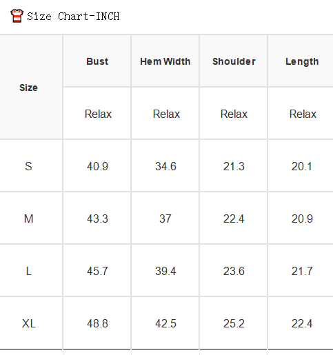 Size chart in inches for clothing measurements with columns for Bust, Hem Width, Shoulder, and Length.