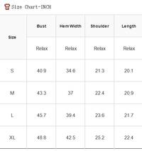 Size chart in inches for clothing measurements with columns for Bust, Hem Width, Shoulder, and Length.