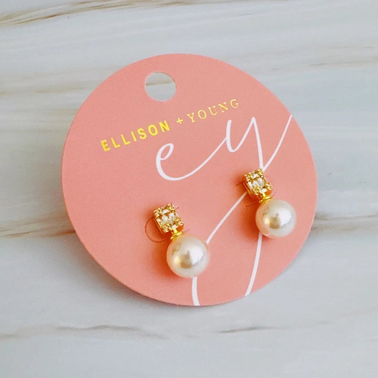 Pearl and Baguette Cz Stud Earrings - Gold Plated