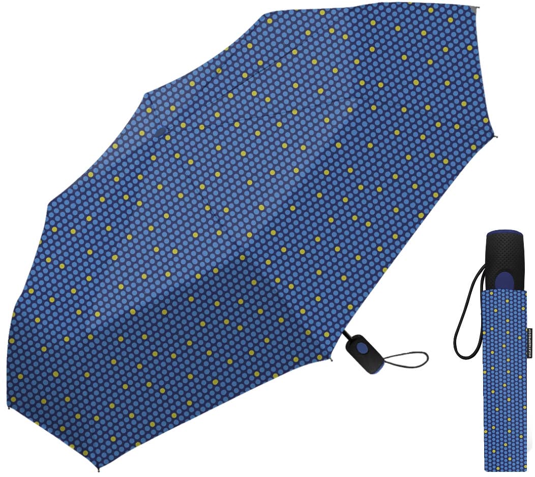 Weatherproof 42" Auto Mini Umbrella - Cool Dot Yellow/Blue