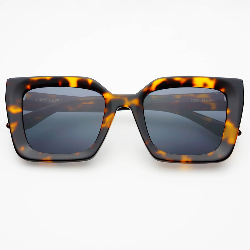 Sunglasses with tortoiseshell frame and dark lenses on a white background