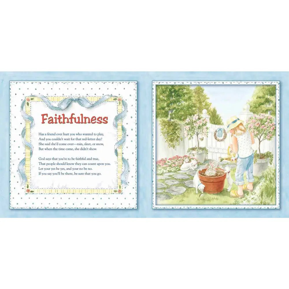 Book open to a page with 'Faithfulness' text and a garden illustration on a blue background