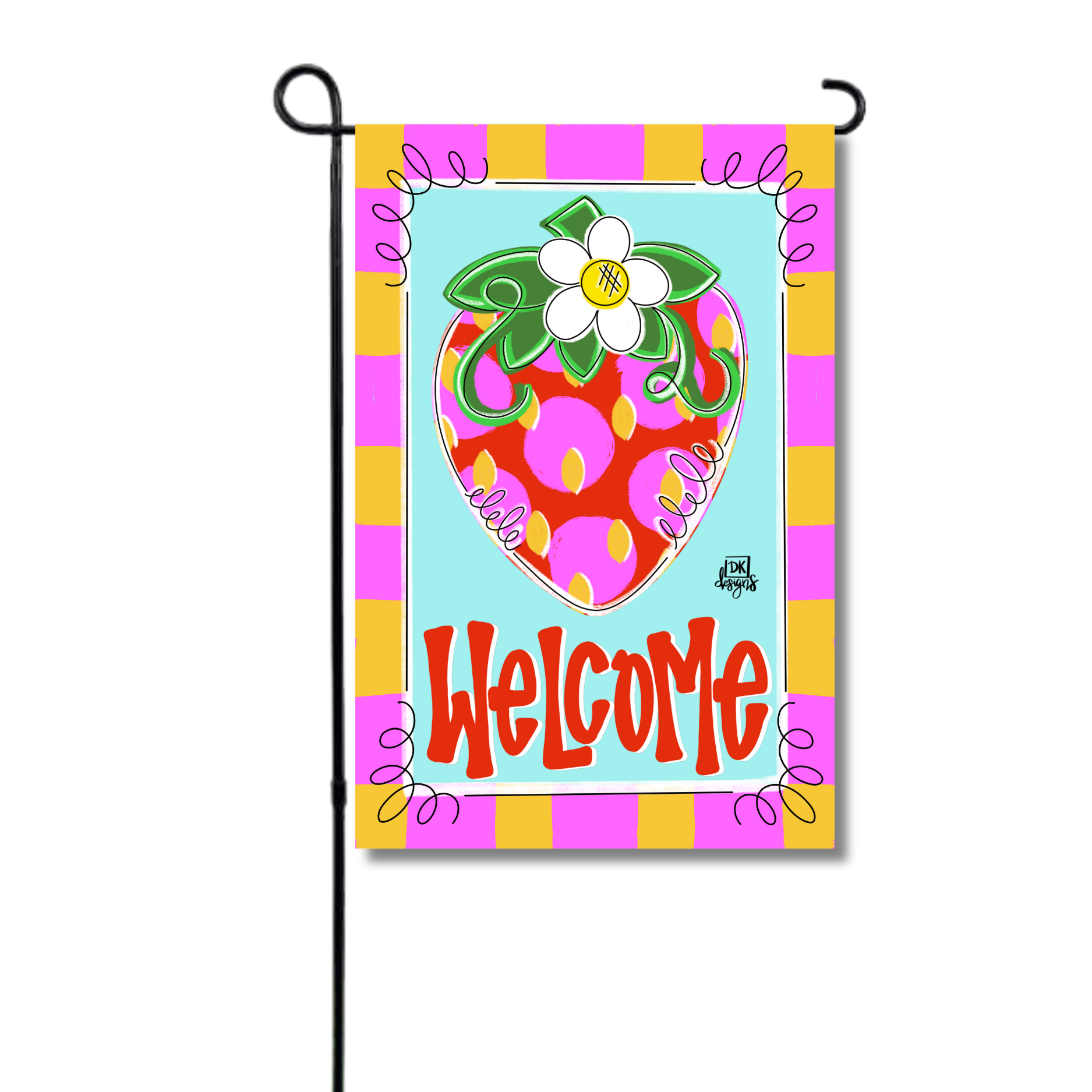 Colorful garden flag with a heart design and 'Welcome' text on a white background
