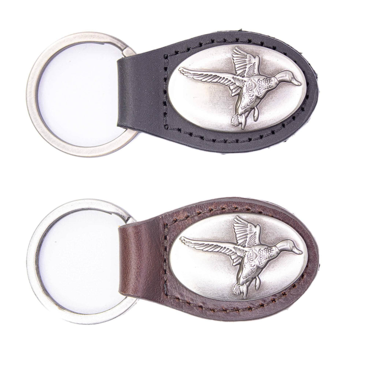 Two leather keychains with silver duck designs on a white background