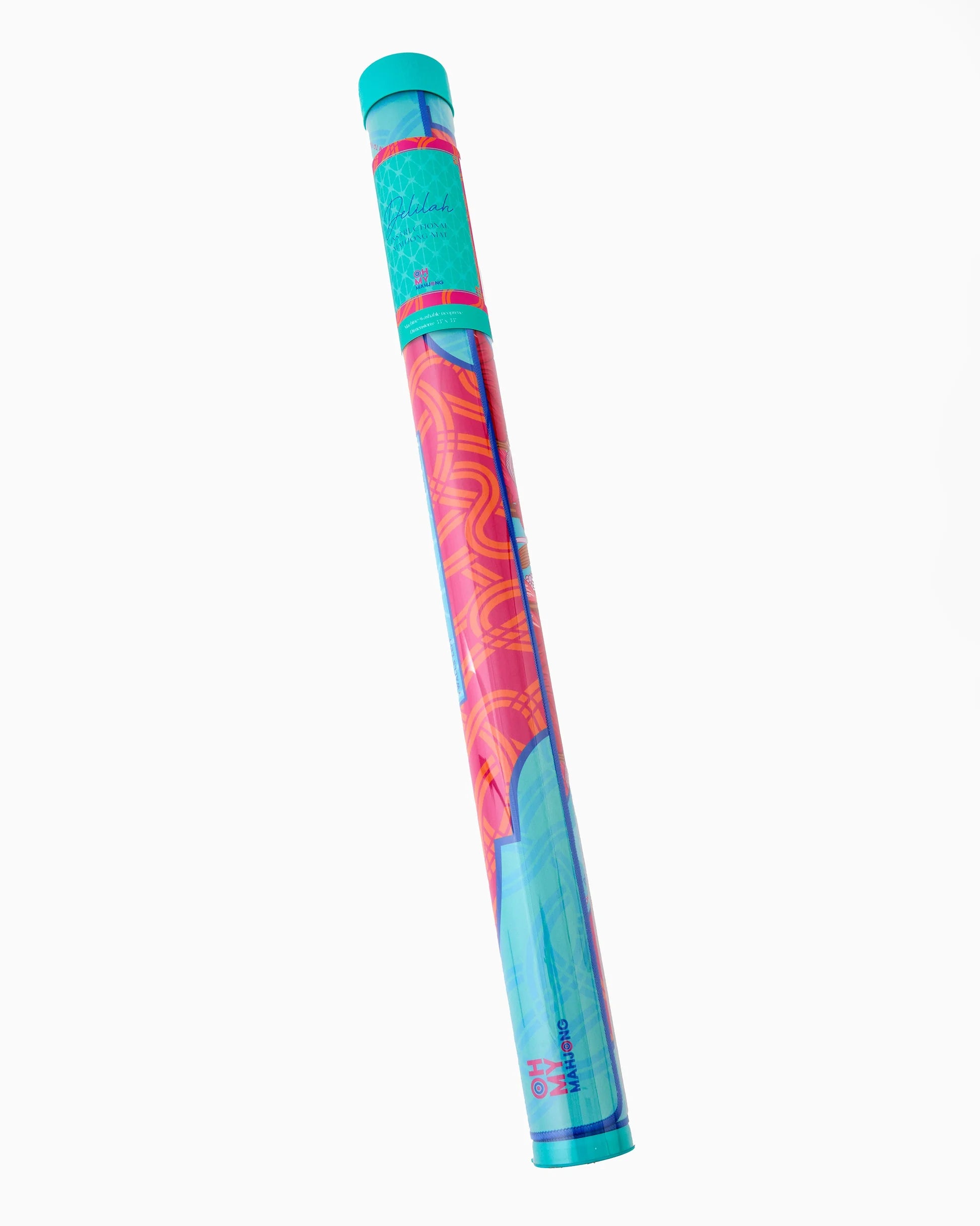 Colorful mahjong mat in blue and red rolled in clear tube.