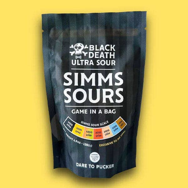 Simms Sours Black Death Ultra Sour packaging on a yellow background