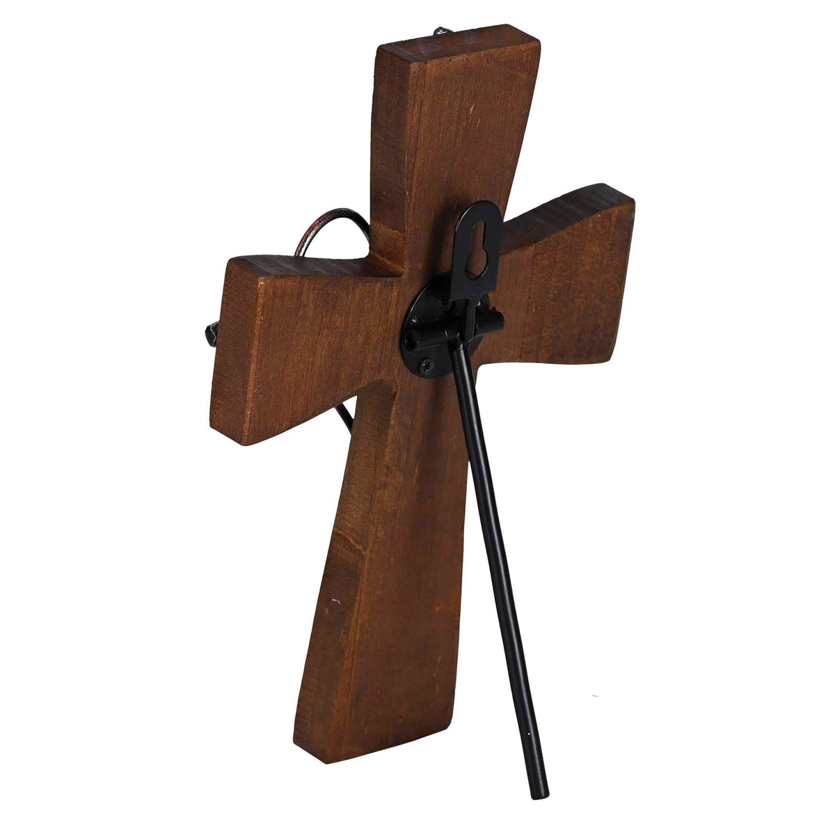 Wooden cross with a black metal rod on a white background