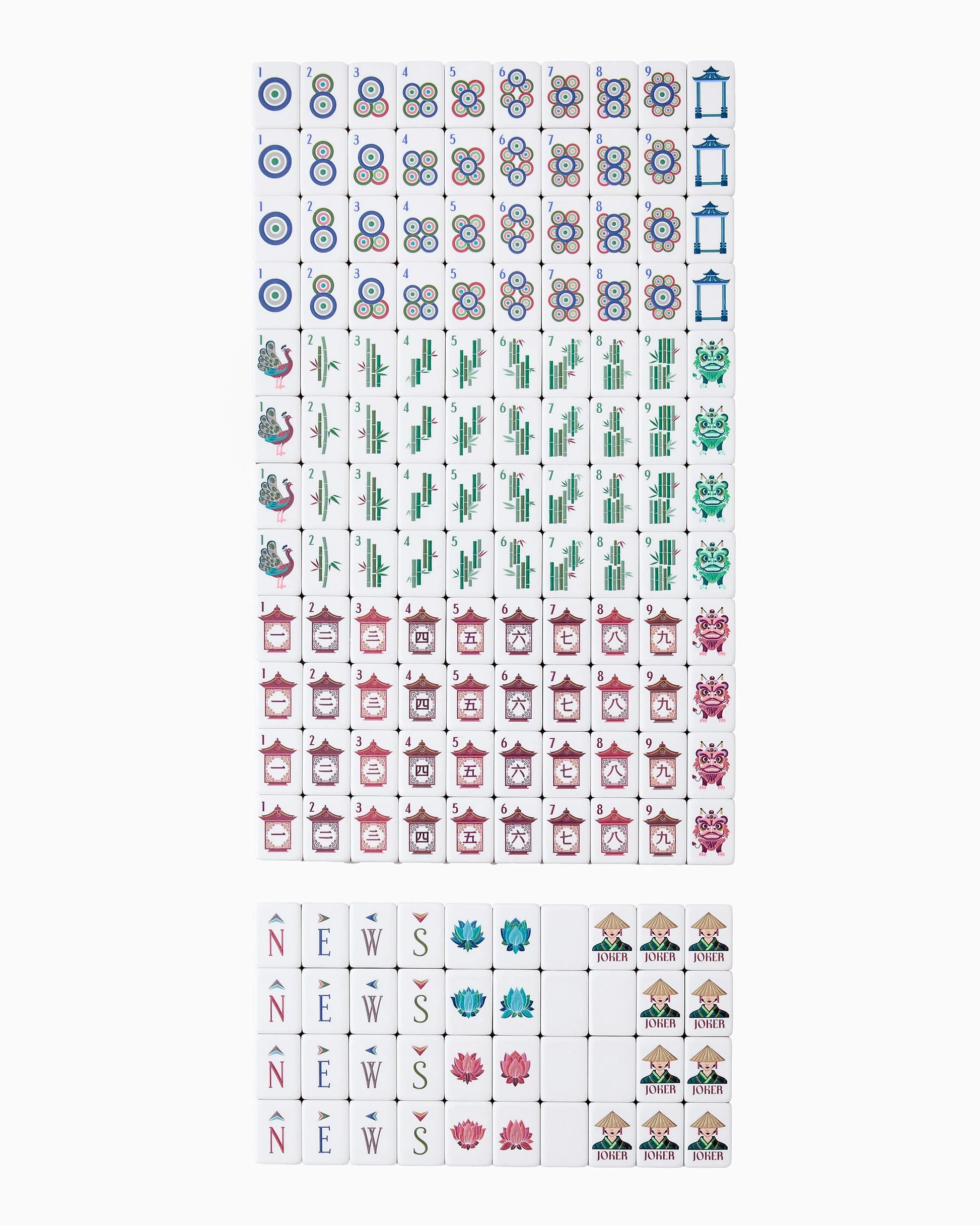 Collection of Mahjong Tiles with various designs on a white background