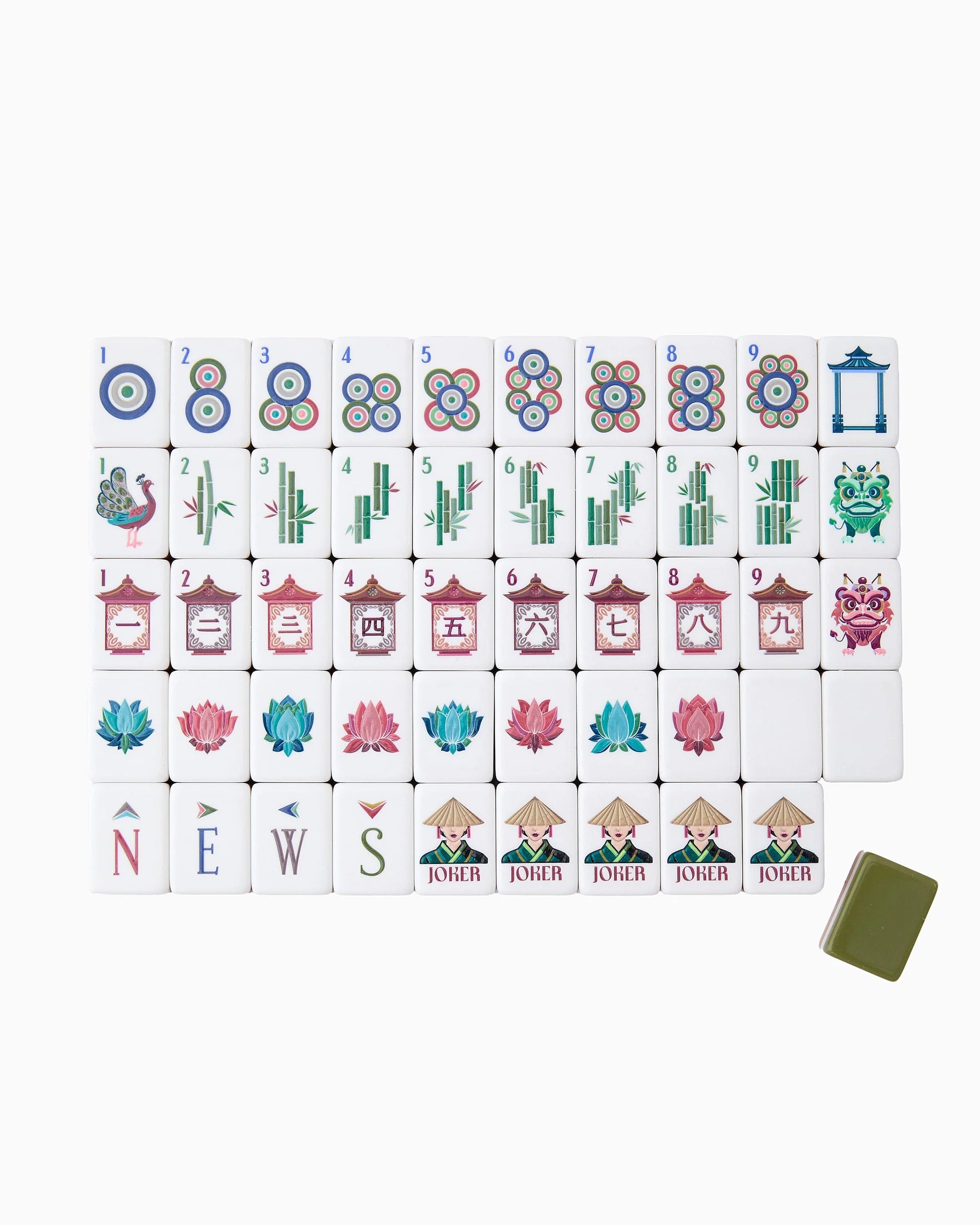 Set of colorful Mahjong tiles with a white background