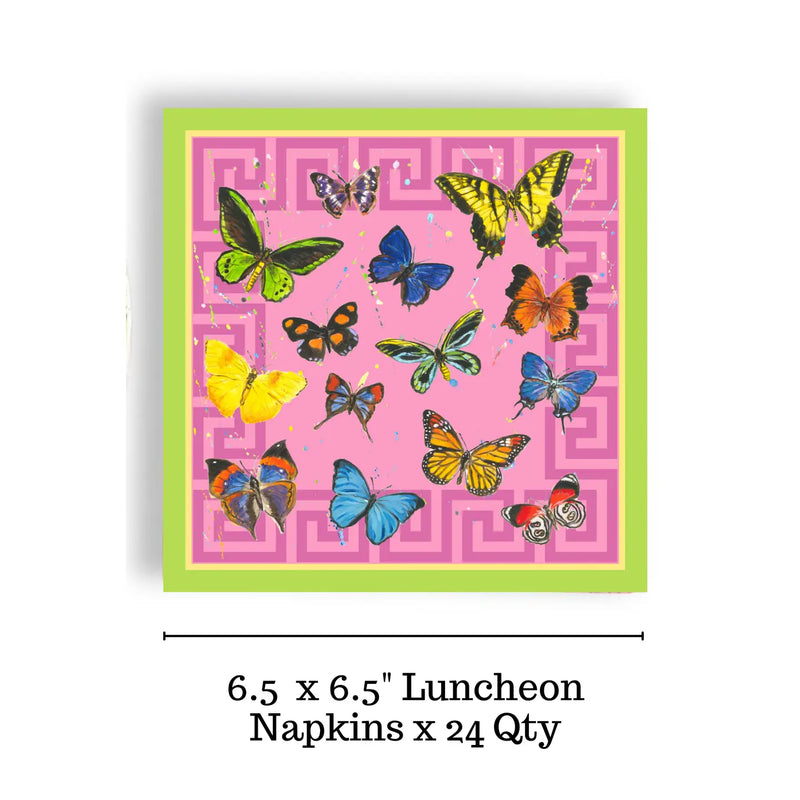 Packaging of luncheon napkins with colorful butterfly design on a pink background
