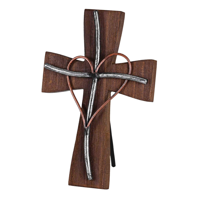 Wooden cross with heart design on a white background