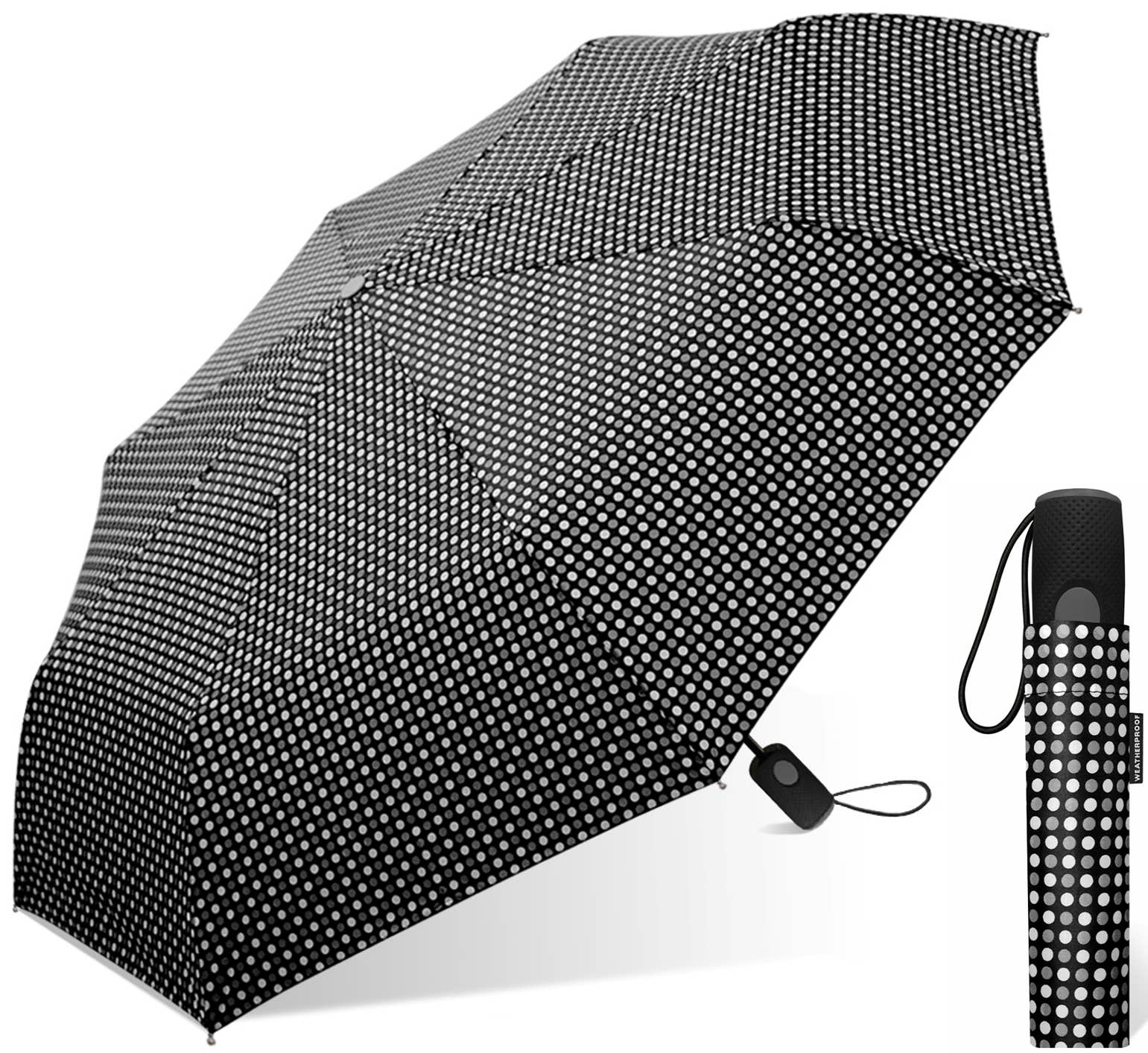 Weatherproof 42" Auto Mini Umbrella - Black & White Dot Print