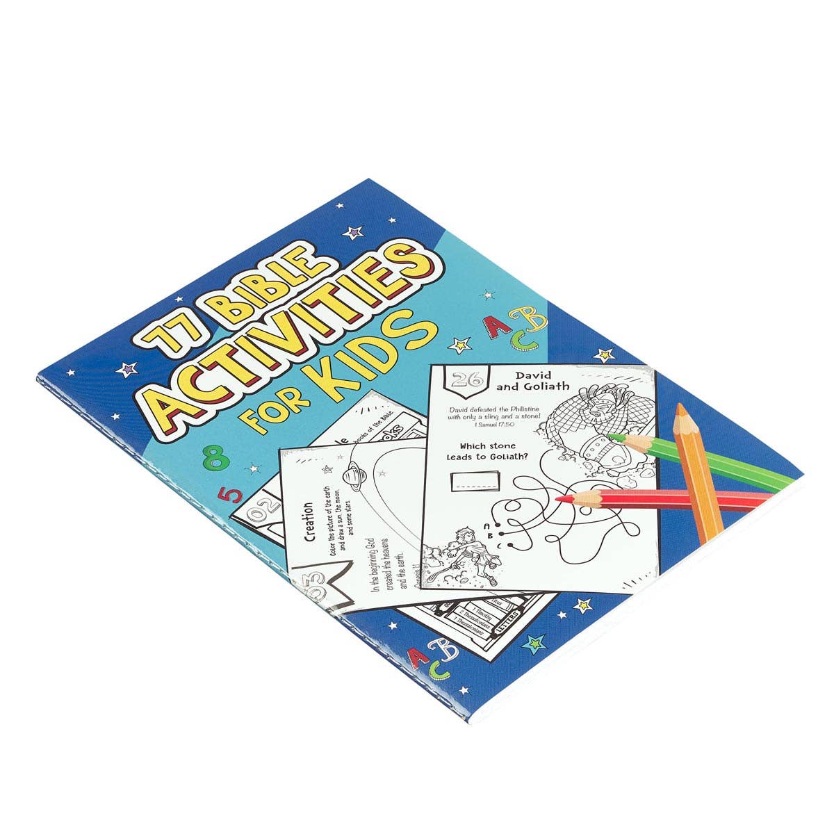 Children's activity book titled '77 Bible Activities for Kids' with coloring pages and pencils on a white background.
