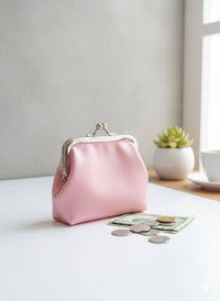 Pink clutch purse on a white surface with coins and money notes.