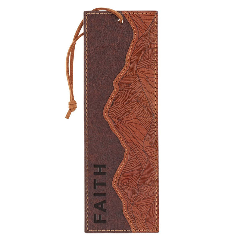 Brown leather bookmark with 'FAITH' engraving on a white background