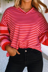 Striped Casual Shift V Neck Blouse: Strawberry Pink