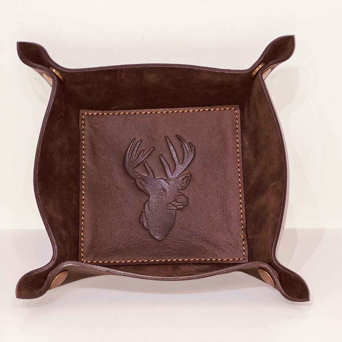 Dark Brown Leather Embossed Valet Tray- Buck