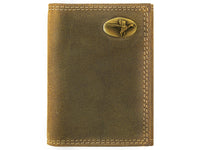 Brown leather wallet with a gold emblem on a white background