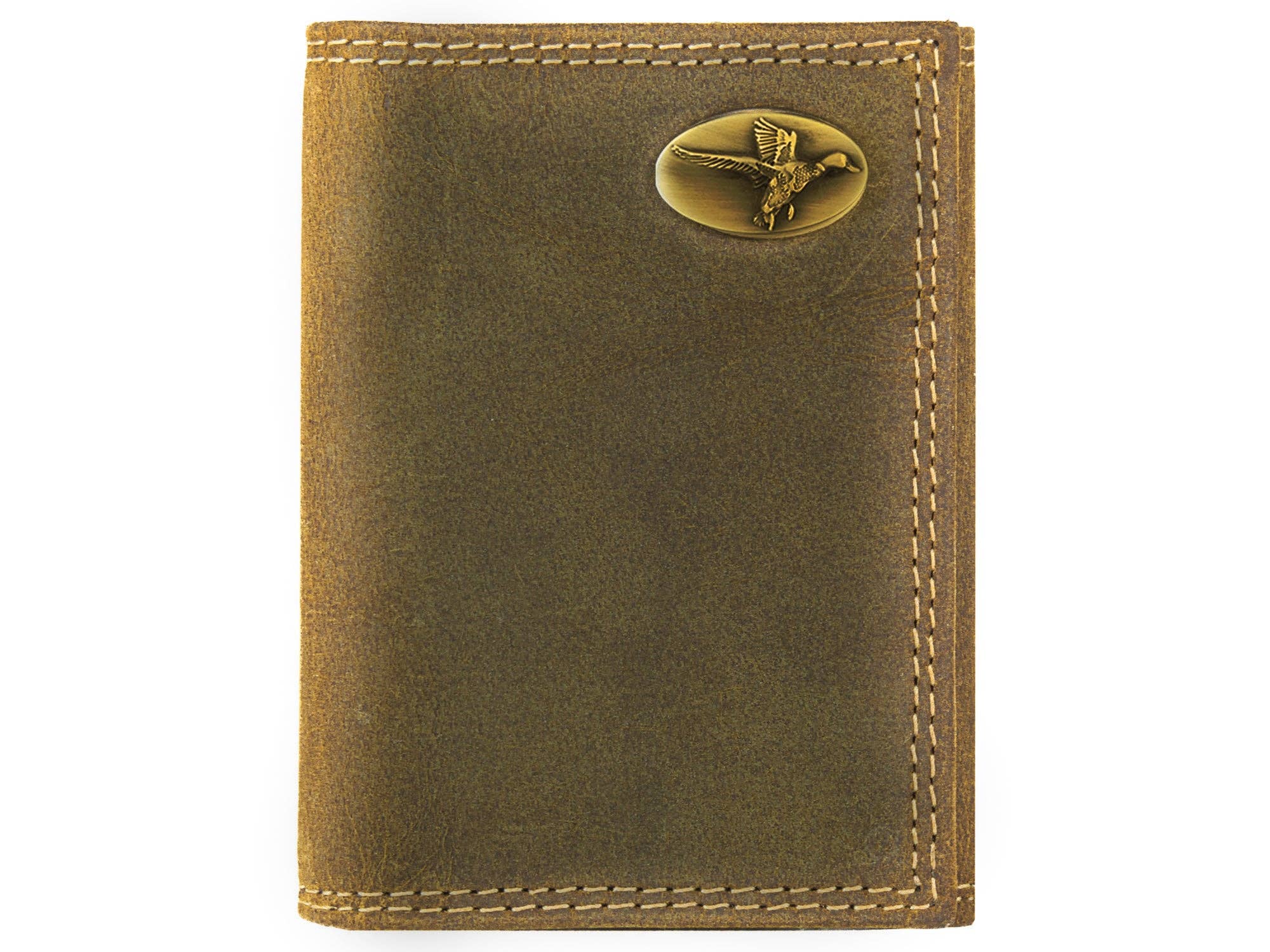 Brown leather wallet with a gold emblem on a white background
