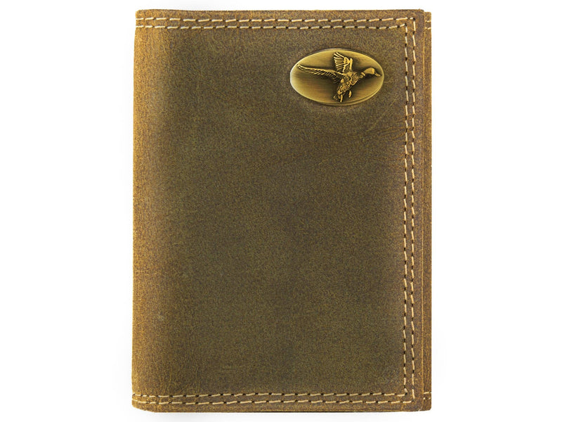 Brown leather wallet with a gold emblem on a white background