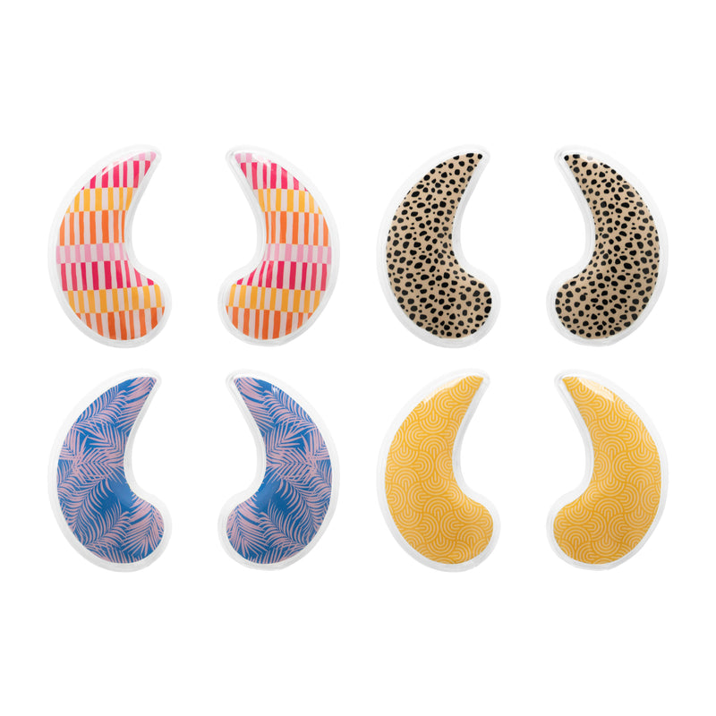 Set of colorful crescent-shaped under eye pads with various patterns on a white background