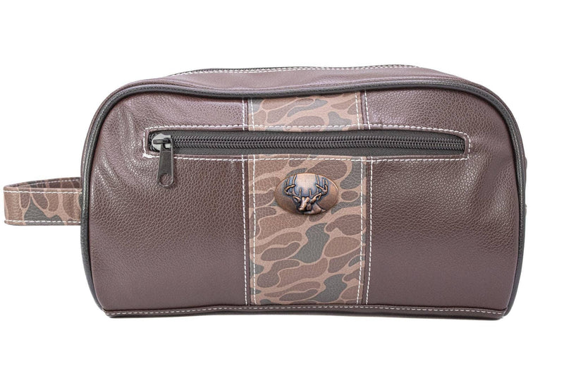 Brown leather toiletry bag with camouflage pattern and gold button on a white background