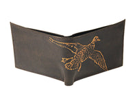 Black wallet with a gold duck design on a white background