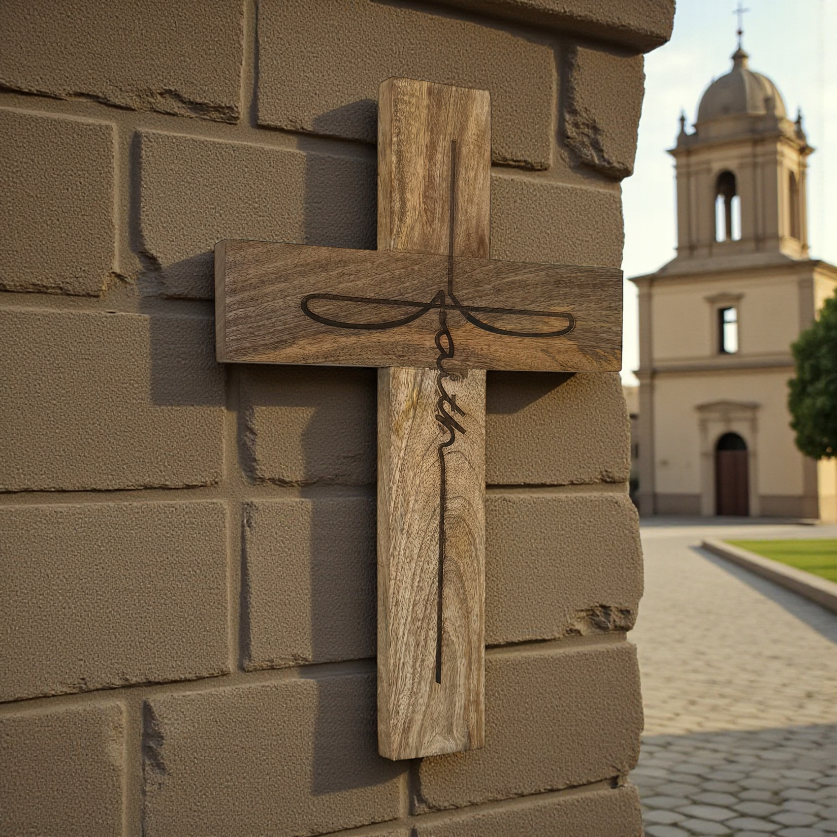 Faith Script Mango Wood Wall Cross – Natural Finish