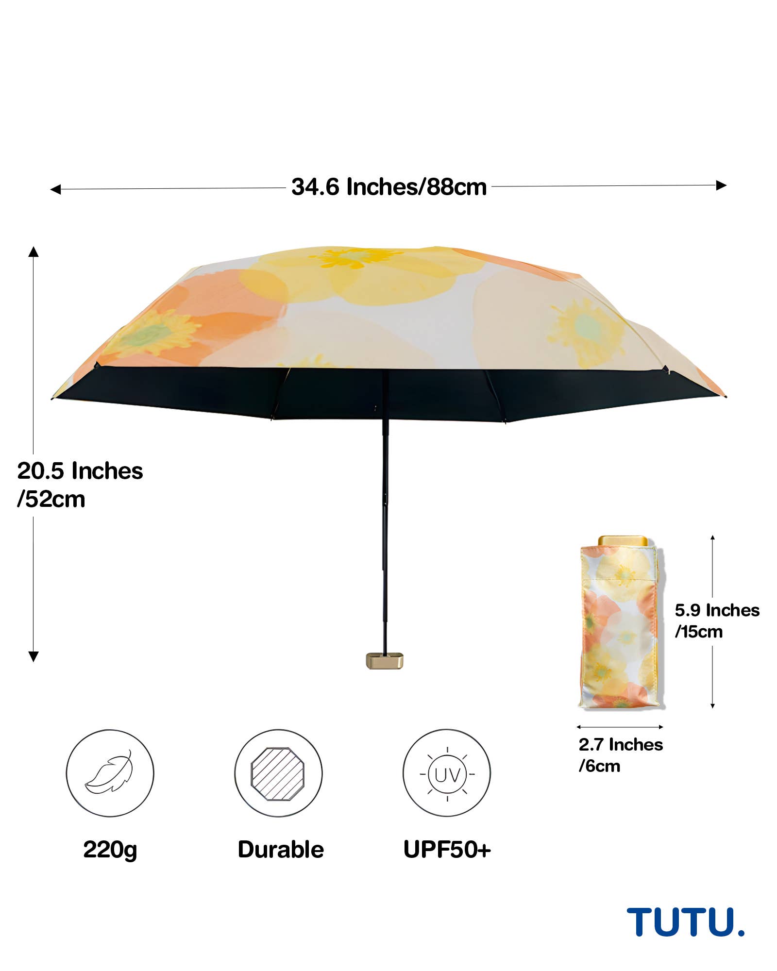 Colorful umbrella with measurements and features on a white background