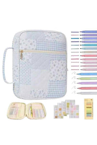 Pencil case with stationery items including pens and small boxes on a white background