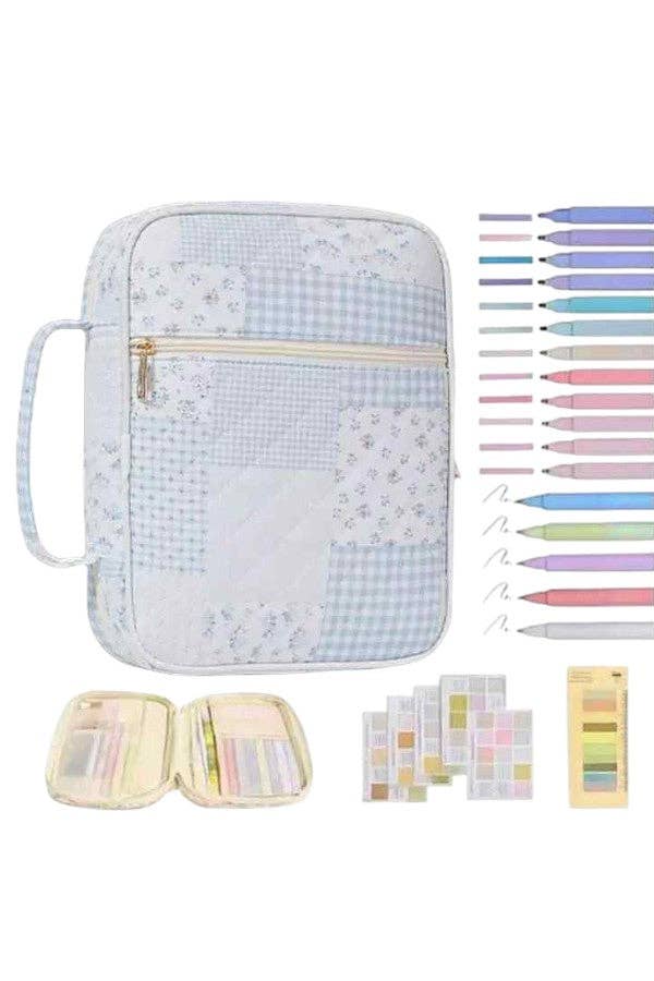 Pencil case with stationery items including pens and small boxes on a white background