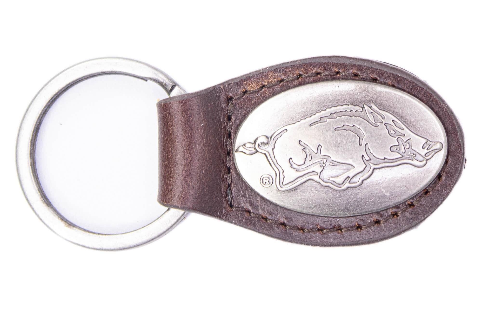 Keychain with Arkansas Razorbacks logo on a white background