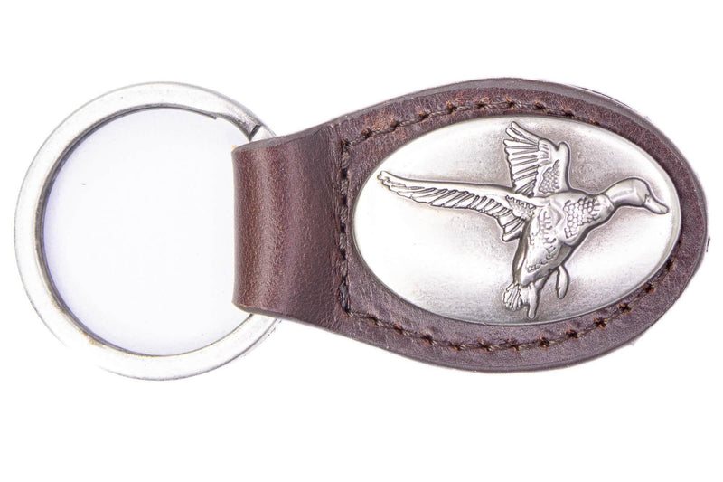 Keychain with leather strap and duck emblem on a white background
